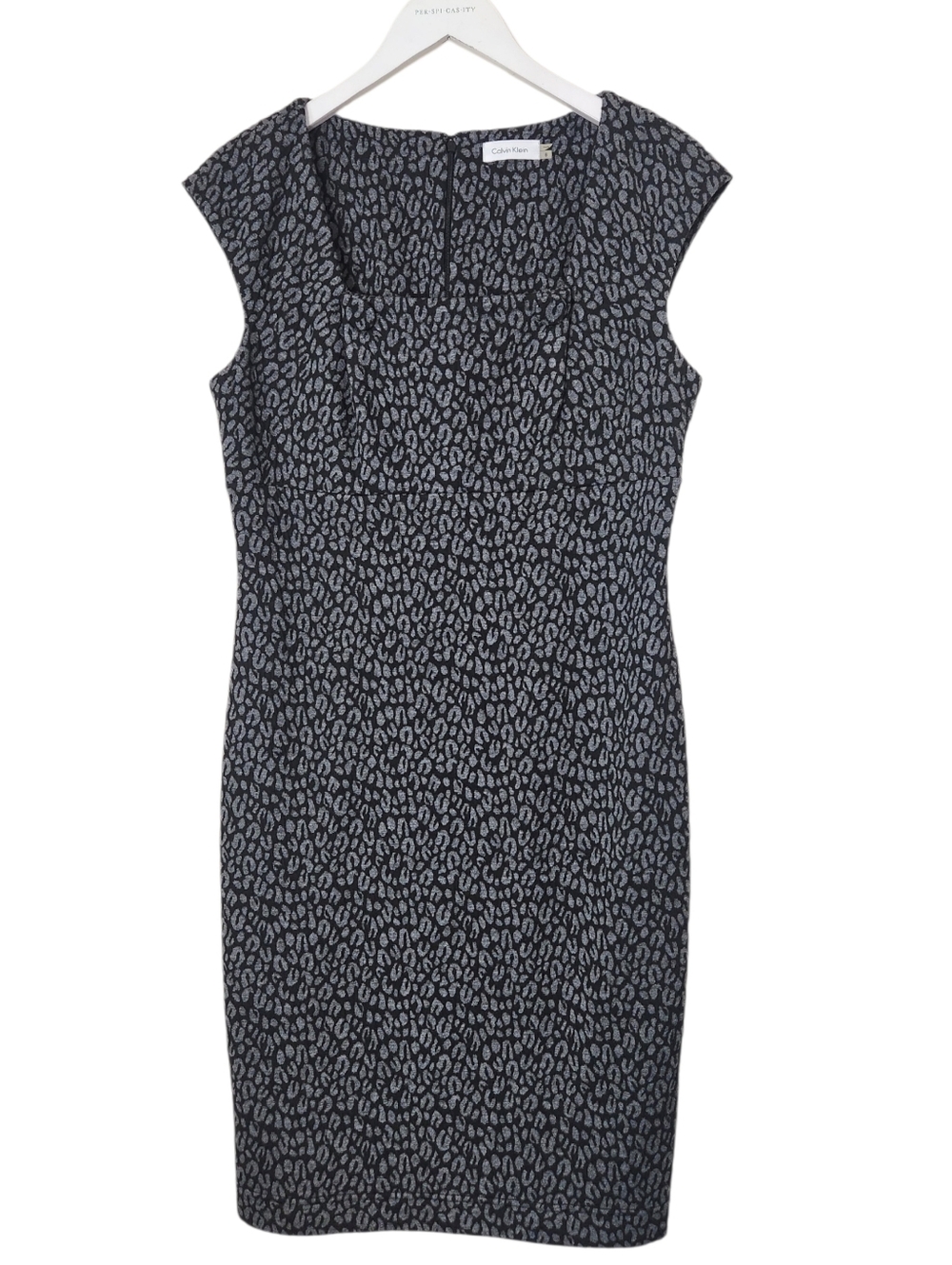 Calvin Klein Black And Gray Textured Leopard Print Cap Sleeve Sheath Dress Sz 8